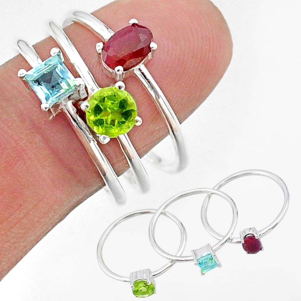 925 sterling silver 3.28cts natural red ruby peridot topaz 3 rings size 9 t17625