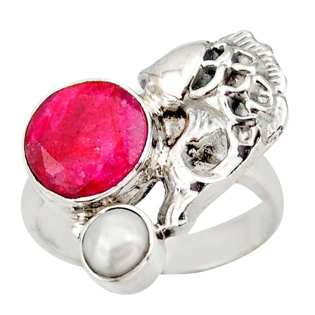 925 sterling silver 6.62cts natural red ruby white pearl fish ring size 7 d46136