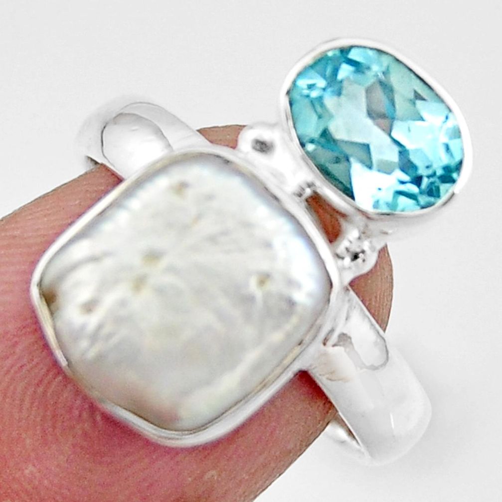 925 sterling silver 7.19cts natural white pearl blue topaz ring size 7 r46908