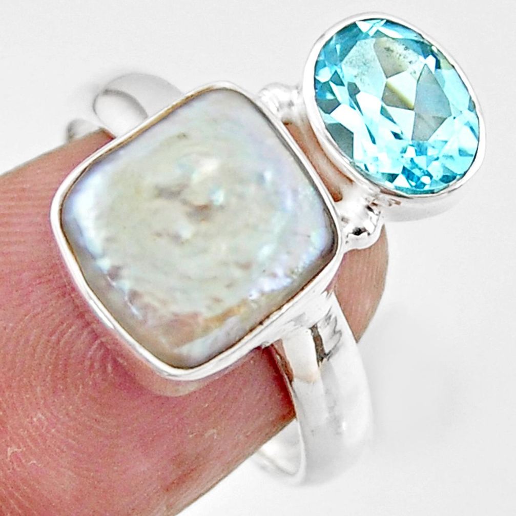 925 sterling silver 7.29cts natural white pearl blue topaz ring size 8 r46911