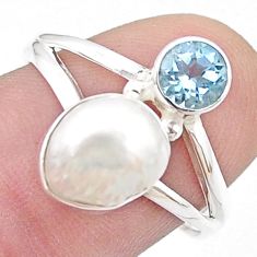925 sterling silver 4.82cts sea life natural white pearl blue topaz ring size 8.5 u48085