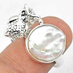 925 sterling silver 7.04cts natural white pearl fancy owl ring size 6.5 u14179