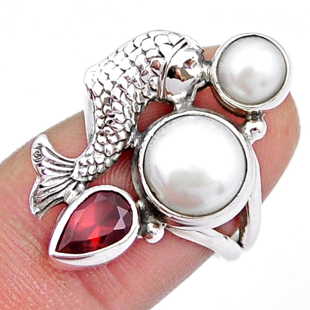 925 sterling silver 6.96cts natural white pearl garnet fish ring size 6 y3940