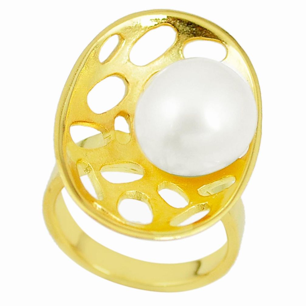 925 sterling silver natural white pearl round 14k gold ring size 6 c23975