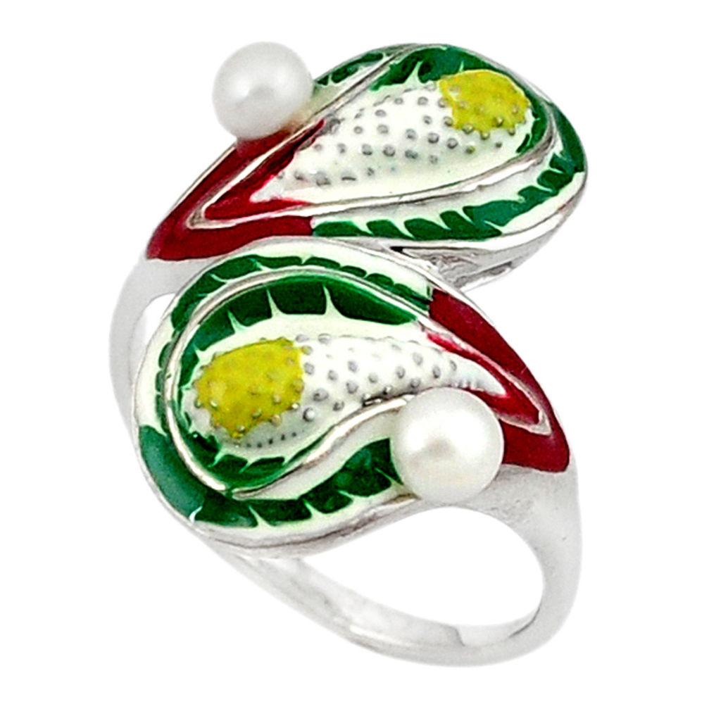 925 sterling silver natural white pearl round enamel ring jewelry size 8 c16795