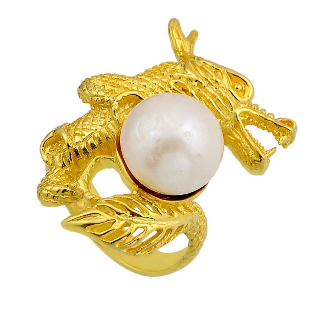 925 sterling silver 10.27cts natural white pearl round gold ring size 7.5 y83320