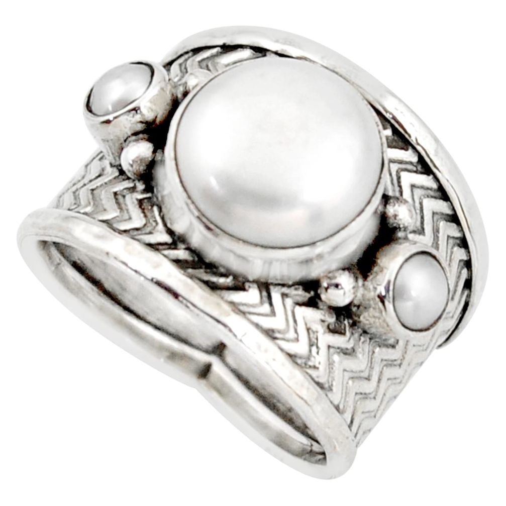 925 sterling silver 6.32cts natural white pearl round ring jewelry size 7 d45958