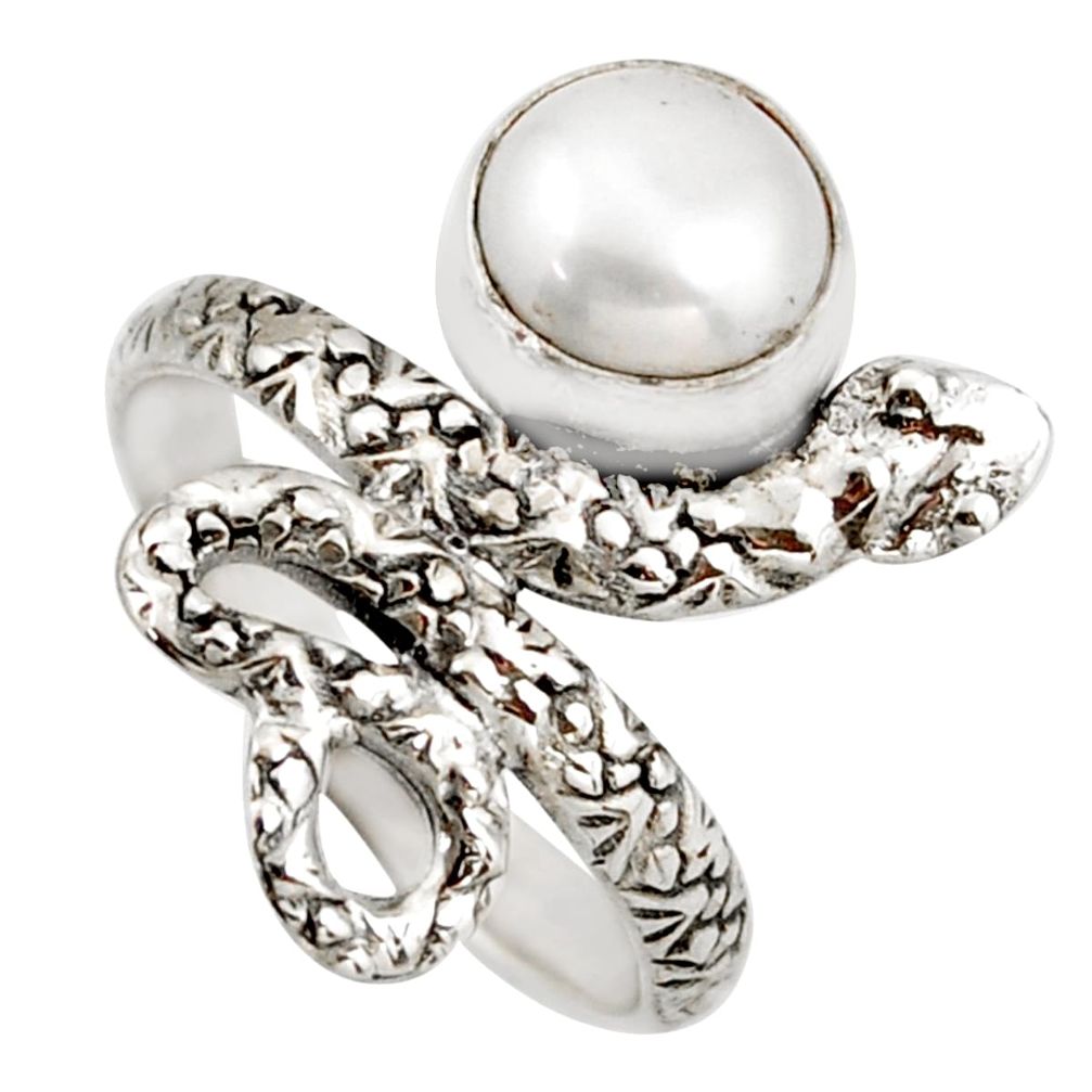 925 sterling silver 2.97cts natural white pearl round snake ring size 6.5 d46257