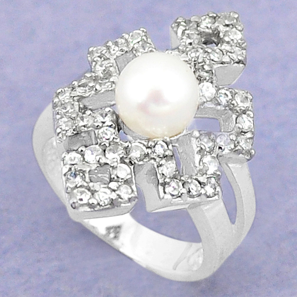 LAB 925 sterling silver natural white pearl round topaz ring jewelry size 9 c25280