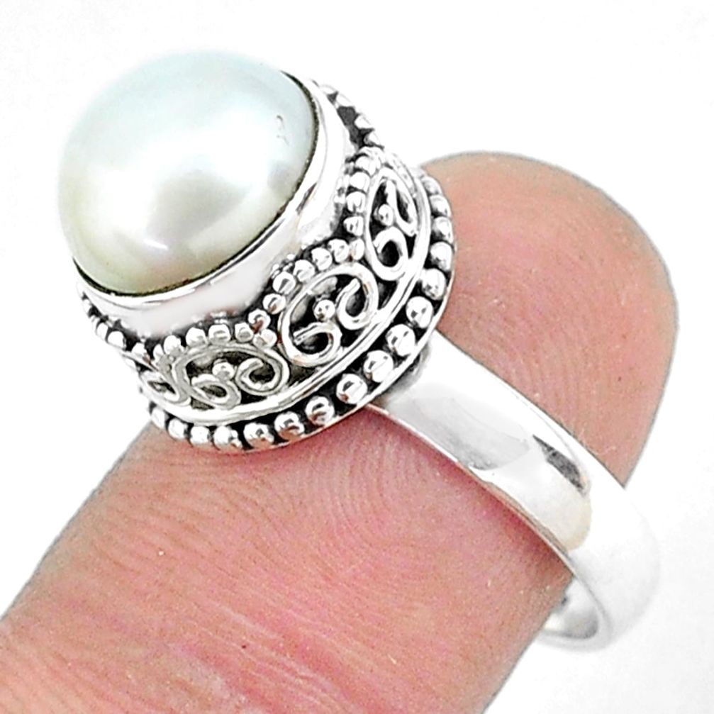 925 sterling silver 7.10cts natural white pearl solitaire ring size 7.5 p47444