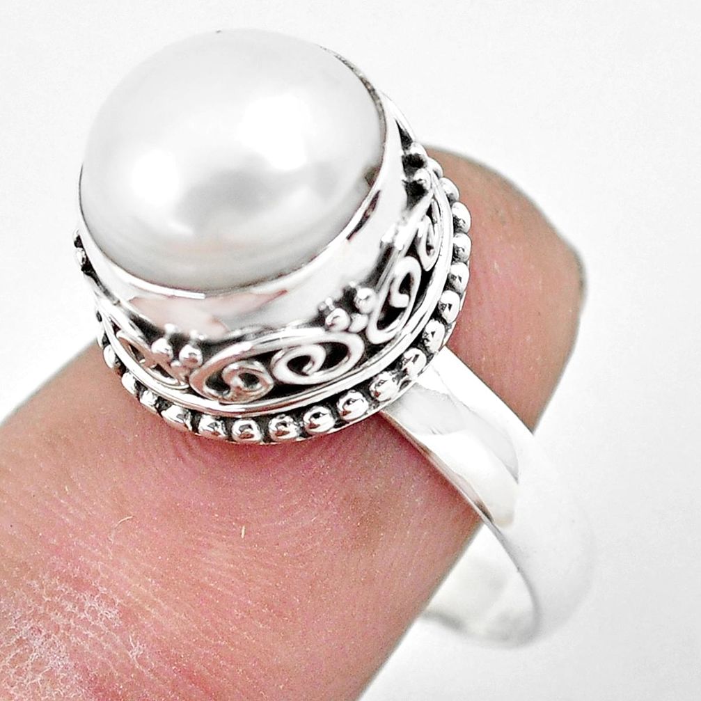 925 sterling silver 6.02cts natural white pearl solitaire ring size 8.5 p61695