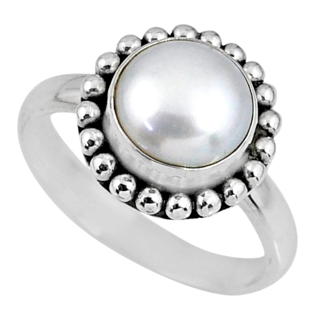 925 sterling silver 4.90cts natural white pearl solitaire ring size 8 r57914