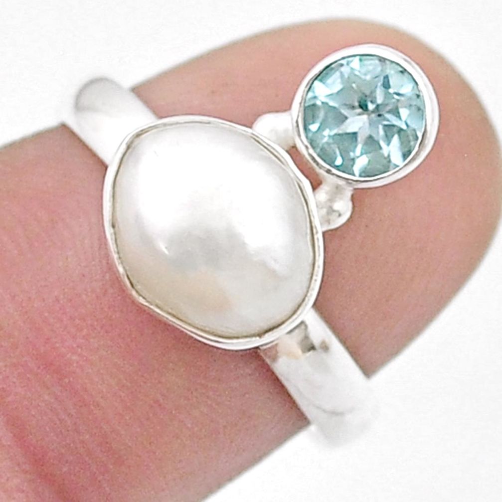 925 sterling silver 4.43cts sea life natural white pearl topaz ring jewelry size 7 u48094