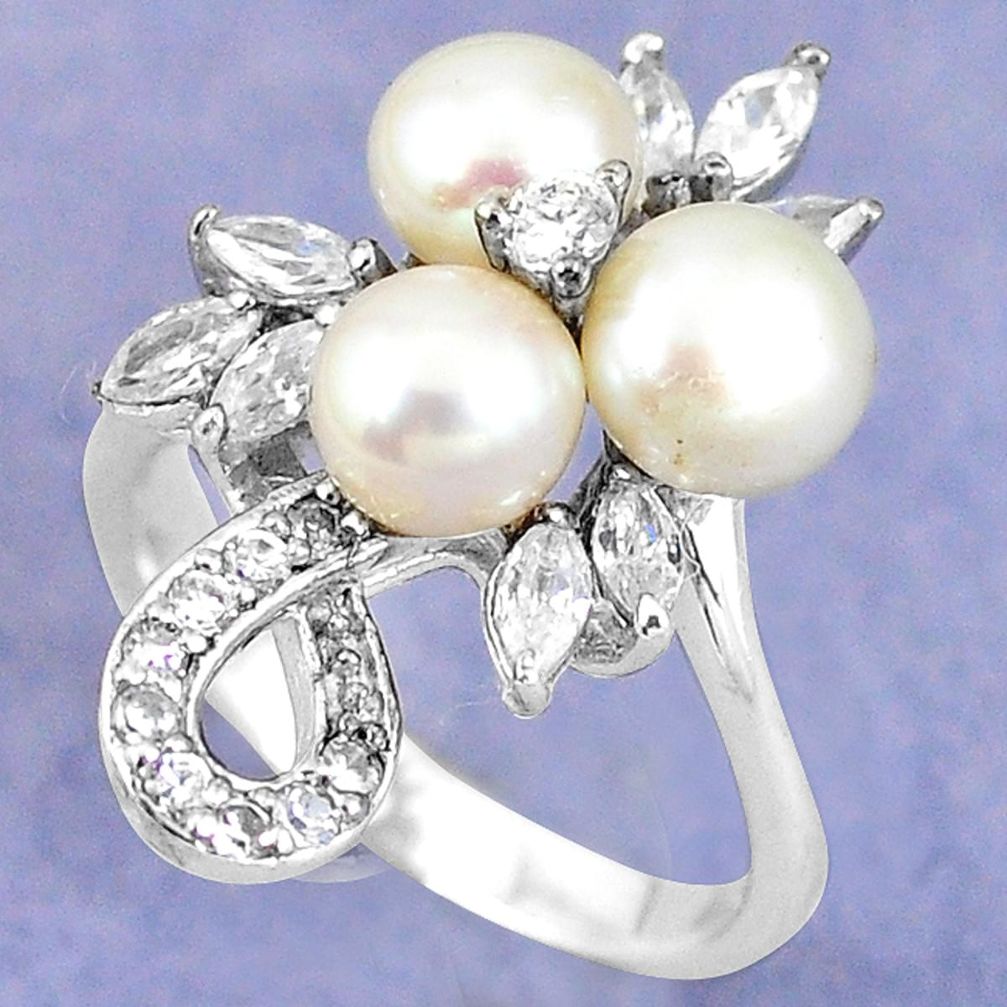 925 sterling silver natural white pearl topaz round ring jewelry size 6.5 c25267