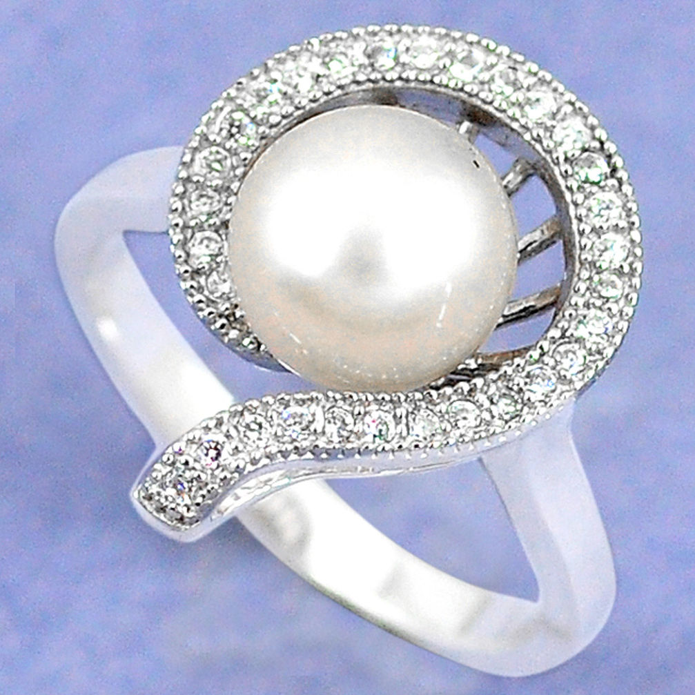 925 sterling silver natural white pearl topaz round ring jewelry size 7.5 c25361