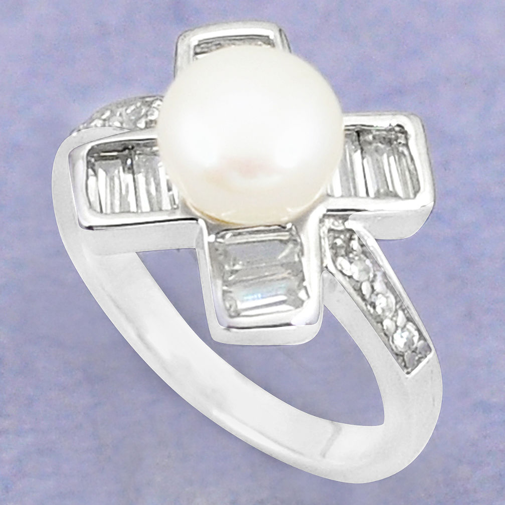 LAB 925 sterling silver natural white pearl topaz round ring jewelry size 6 c25142