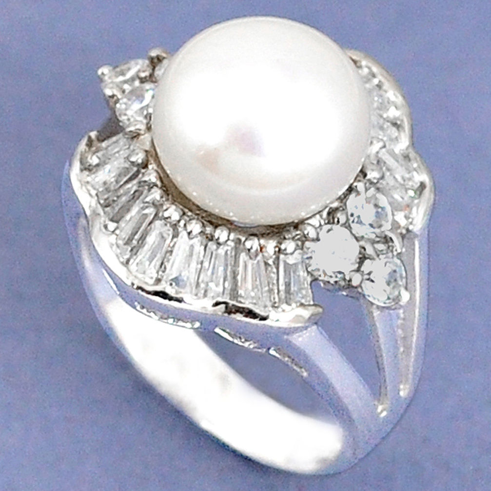 LAB 925 sterling silver natural white pearl topaz round ring jewelry size 6 c25229