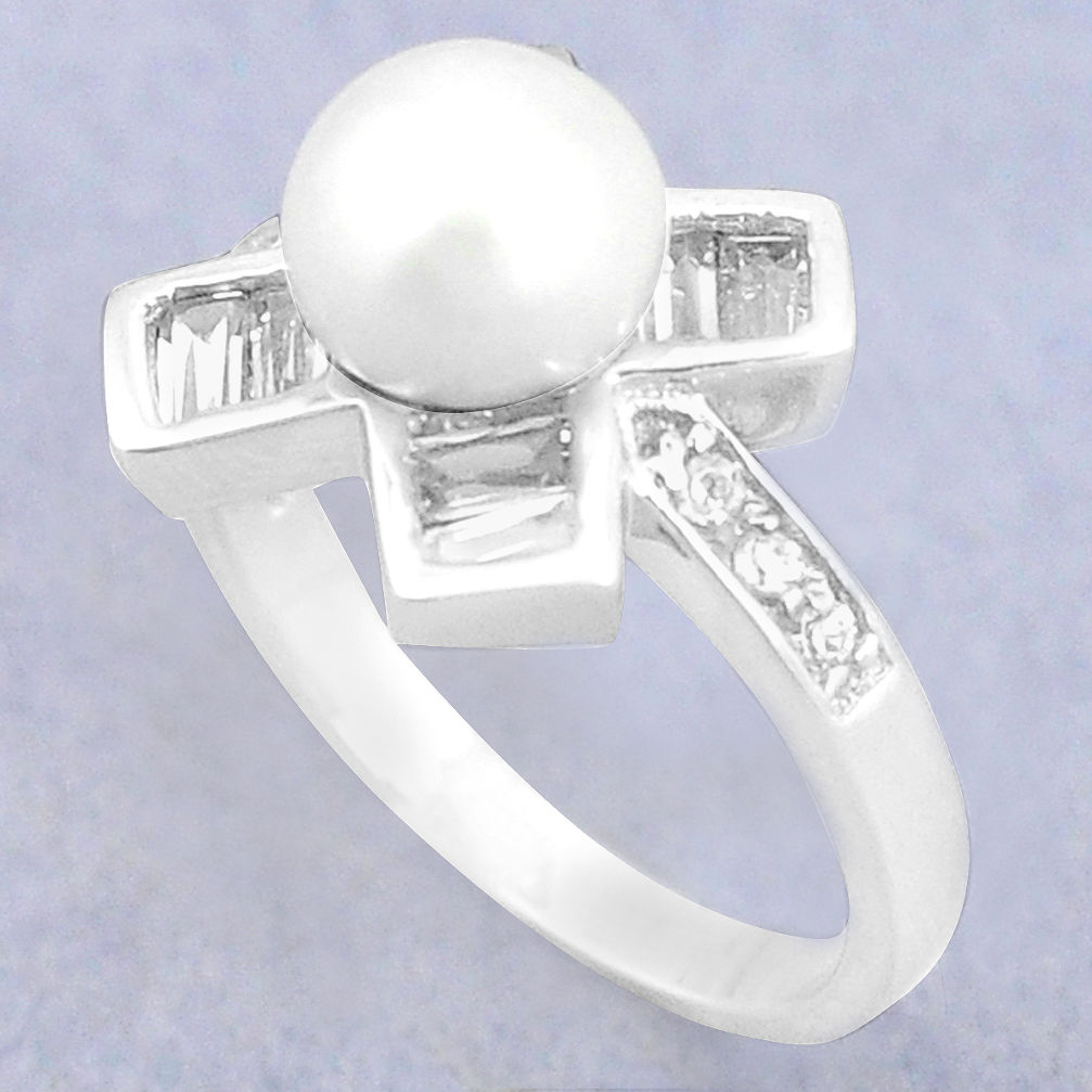 LAB 925 sterling silver natural white pearl topaz round ring jewelry size 8 c25161