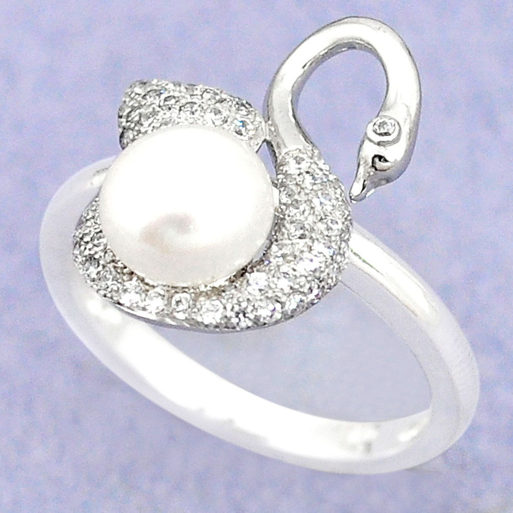 LAB 925 sterling silver natural white pearl topaz round ring jewelry size 8 c25409