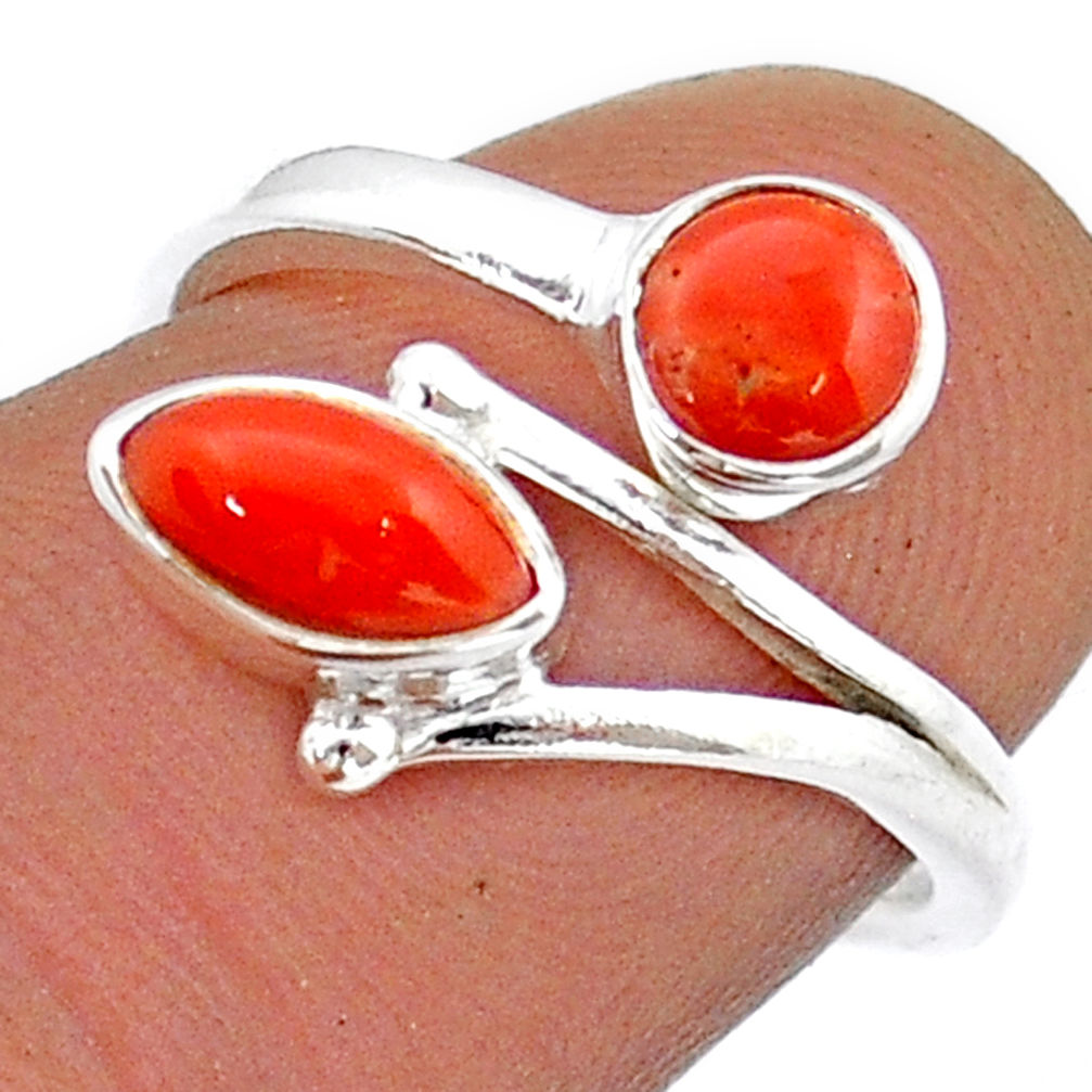 925 sterling silver 2.94cts red coral adjustable ring jewelry size 6.5 u90897