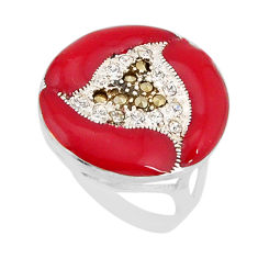 925 sterling silver 7.51cts red coral enamel fine marcasite ring size 7.5 y65205