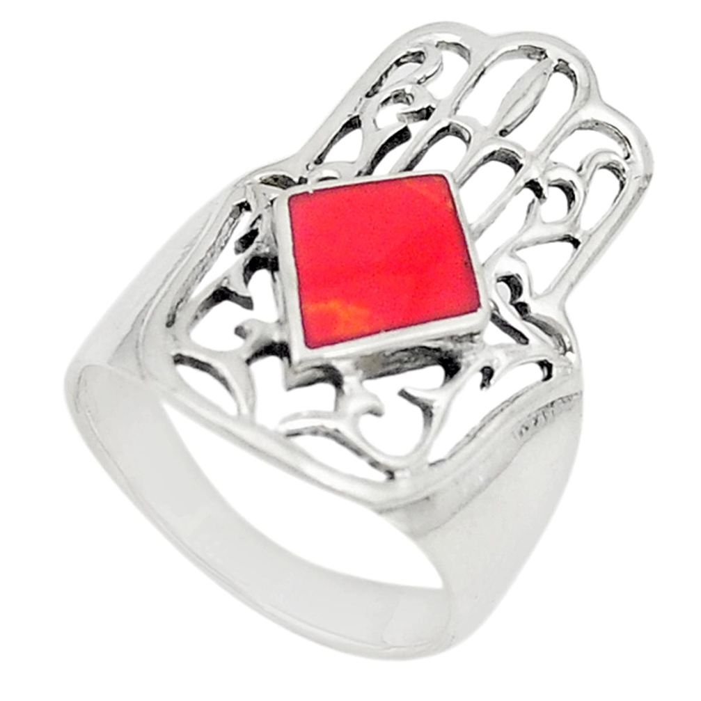 925 sterling silver red coral enamel hand of god hamsa ring size 7 c26157