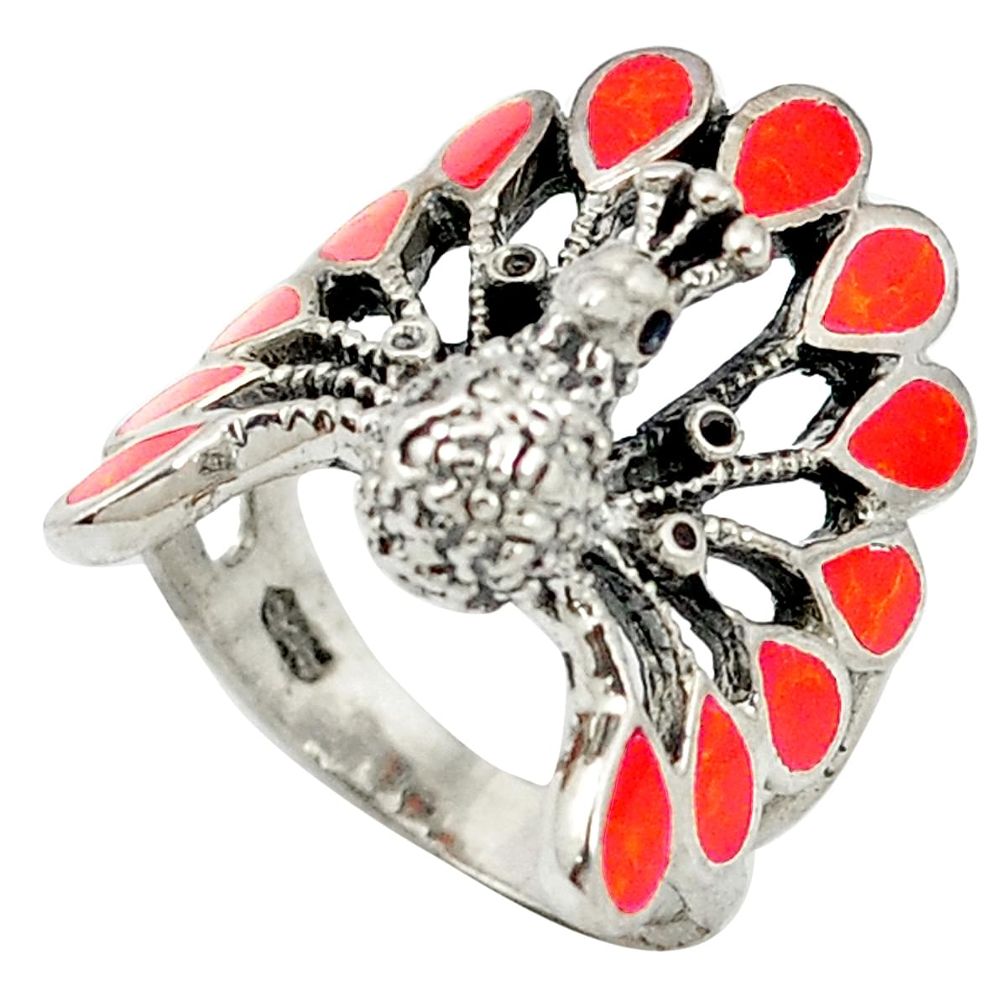 925 sterling silver red coral enamel peacock ring jewelry size 6.5 c11896