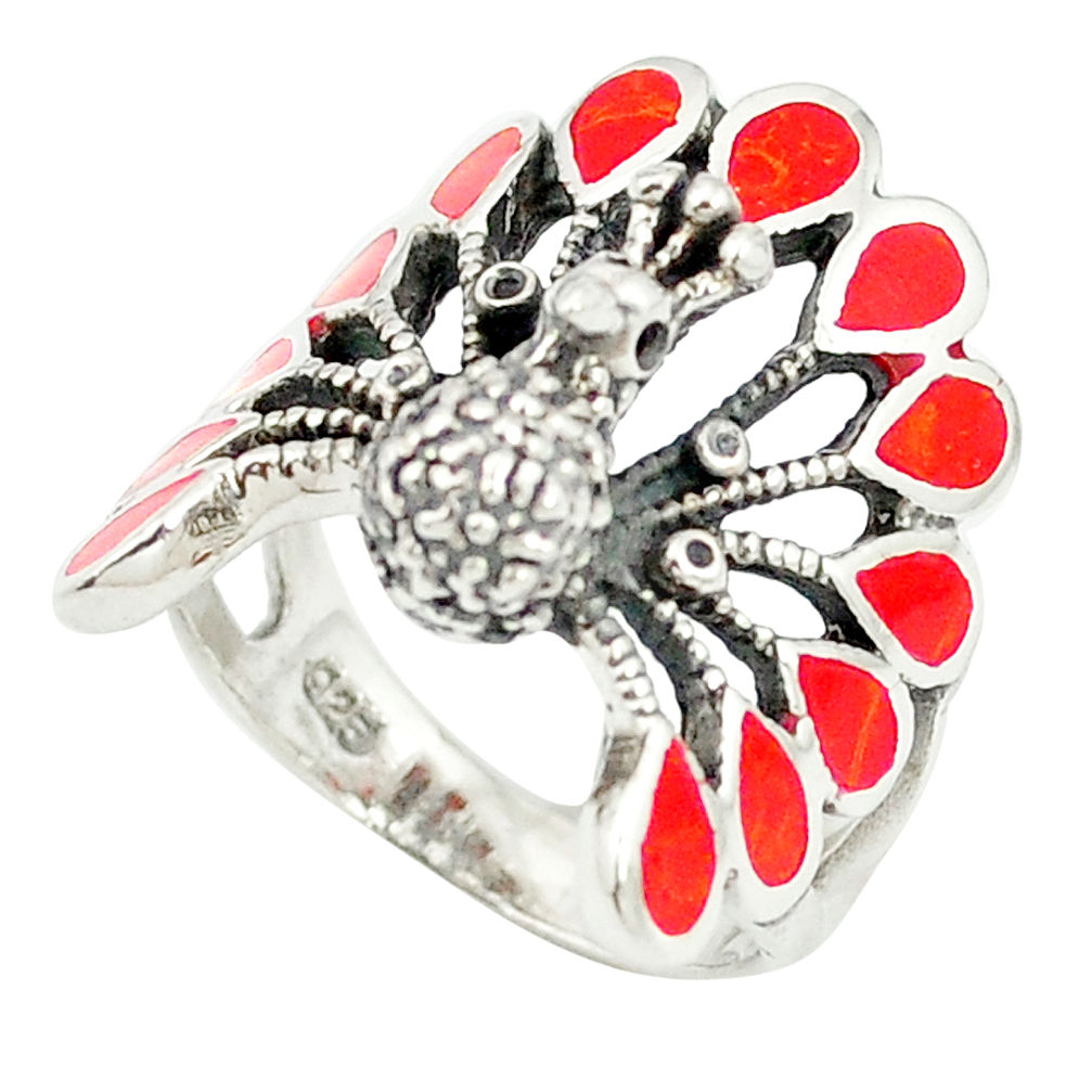 LAB 925 sterling silver red coral enamel peacock ring jewelry size 6.5 c12389