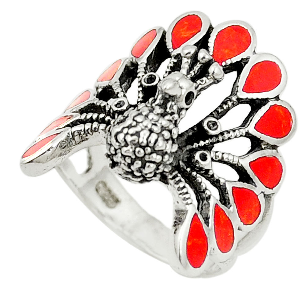 LAB 925 sterling silver red coral enamel peacock ring jewelry size 6.5 c12411