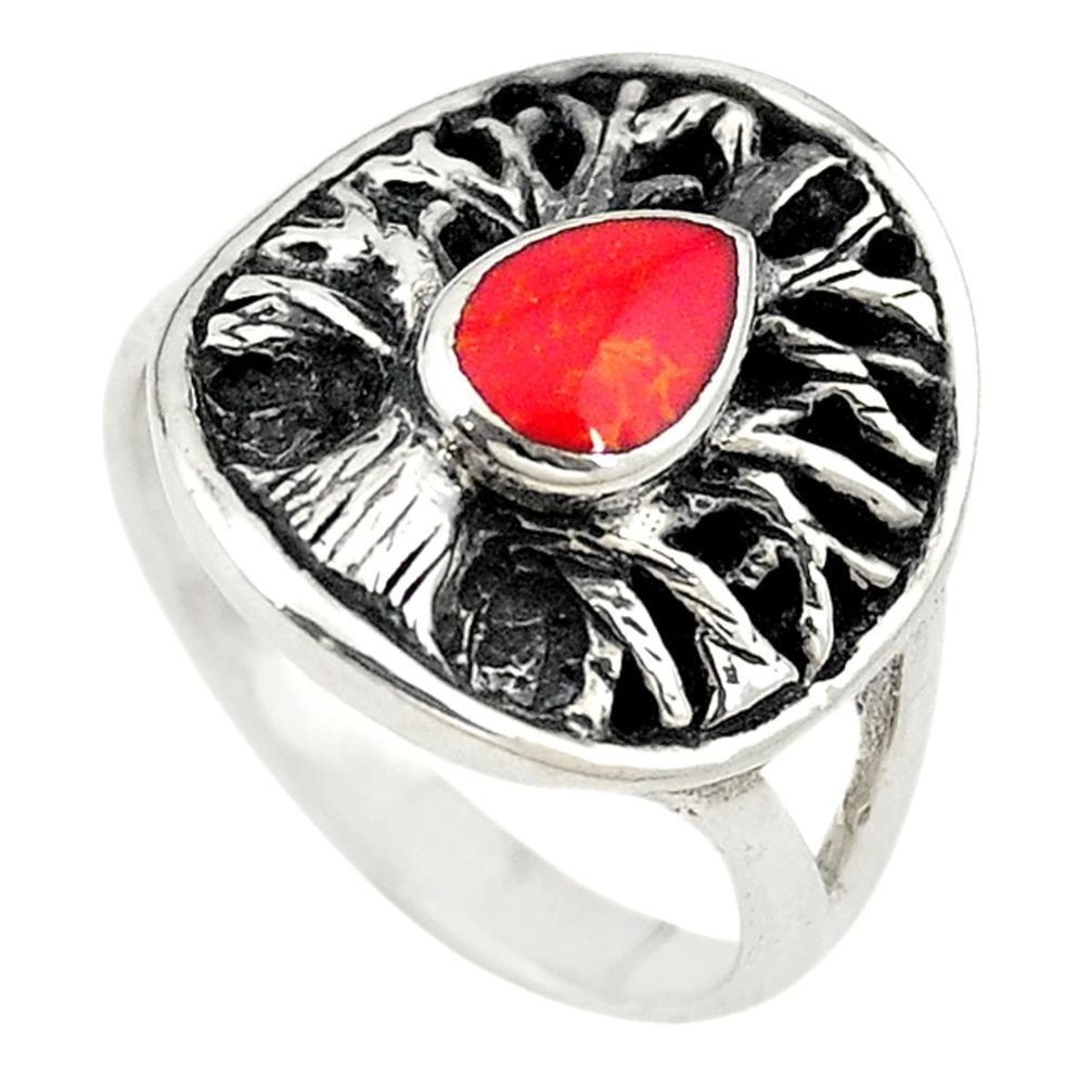 925 sterling silver red coral enamel tree of life ring jewelry size 7.5 c21650