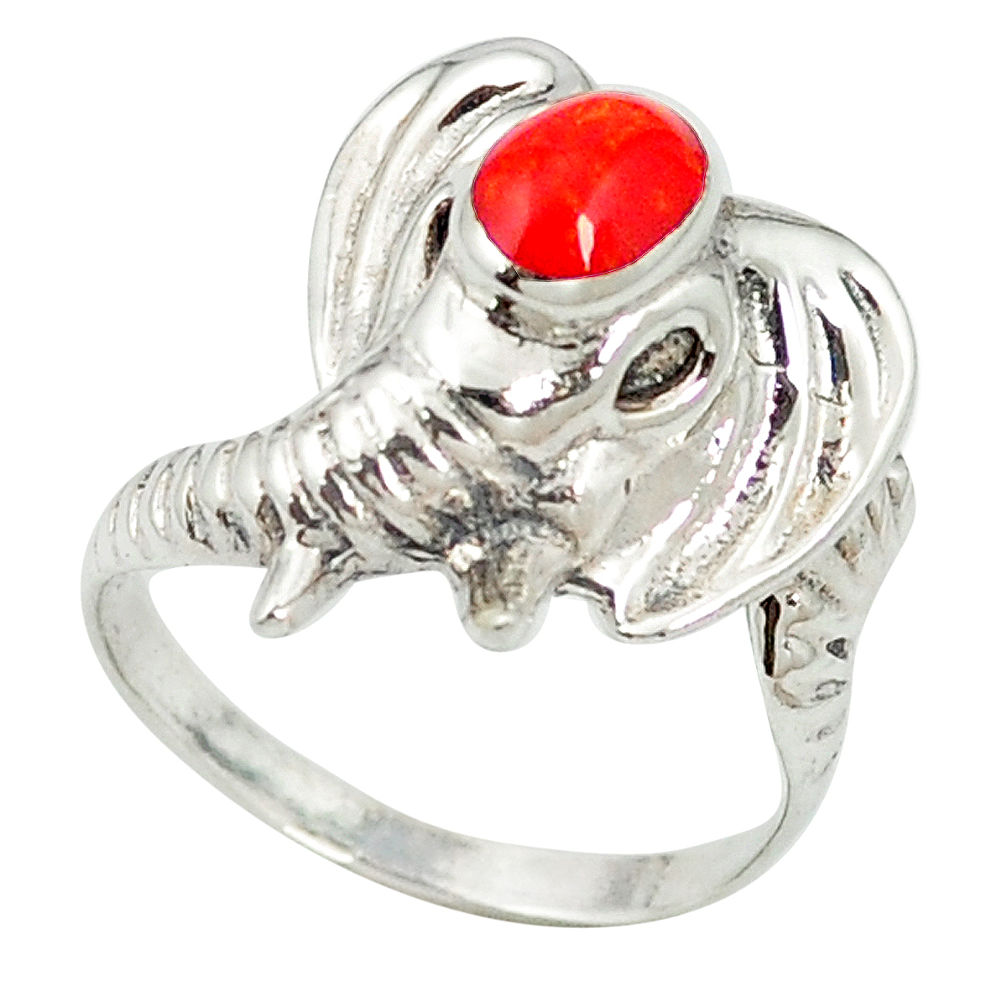 LAB 925 sterling silver red coral oval shape elephant ring jewelry size 6.5 c11884