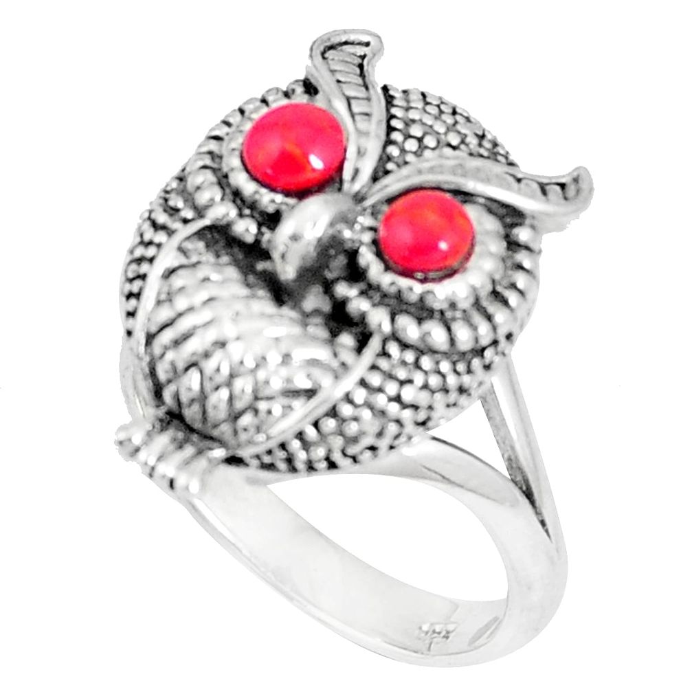 925 sterling silver 1.60cts red coral round owl ring jewelry size 8 c12834