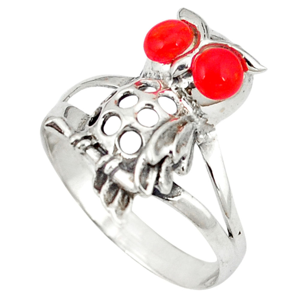 LAB 925 sterling silver red coral round shape owl ring jewelry size 8.5 c12248