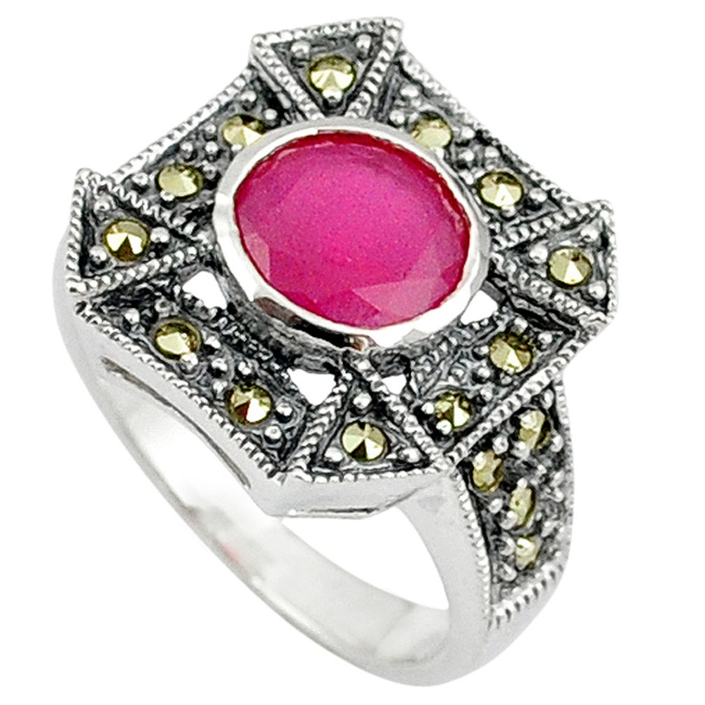 LAB 925 sterling silver red faux ruby fine marcasite ring jewelry size 6 c17324