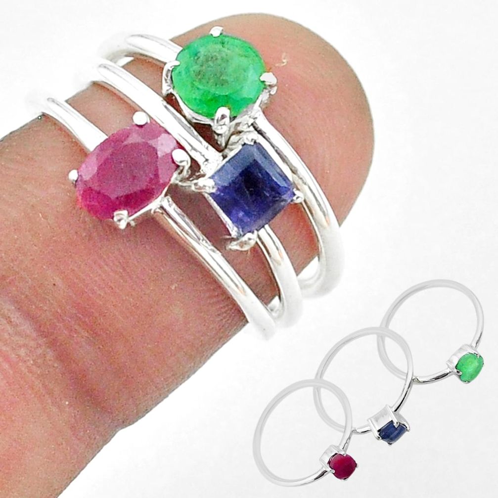 925 sterling silver 2.98cts red ruby emerald sapphire 3 rings size 6 t50905