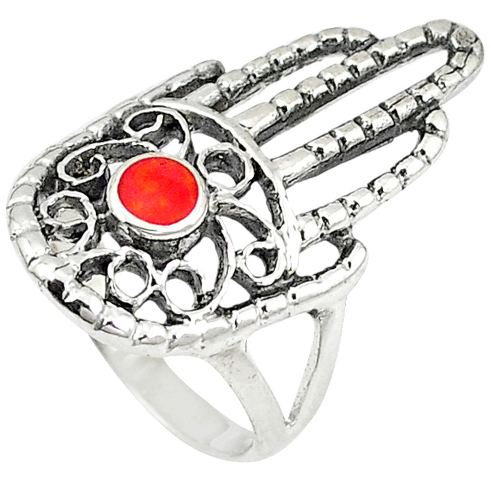 925 sterling silver red sponge coral hand of god hamsa ring size 9 c11986