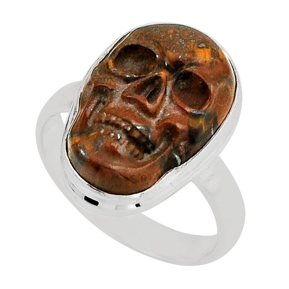 925 sterling silver 10.01cts skull natural brown tiger's eye ring size 7.5 n6663