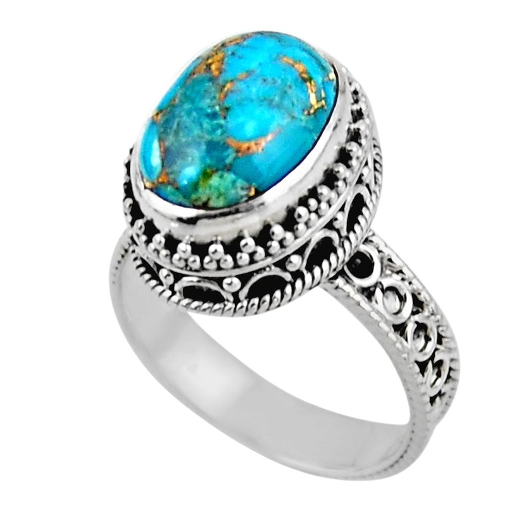 925 sterling silver 6.54cts solitaire blue copper turquoise ring size 8.5 r51831