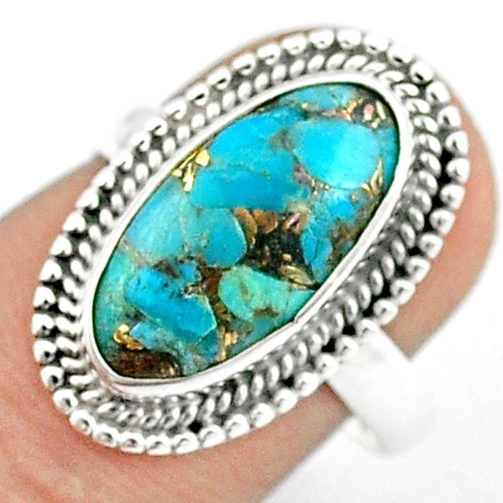 925 sterling silver 7.53cts solitaire blue copper turquoise ring size 7.5 u27790