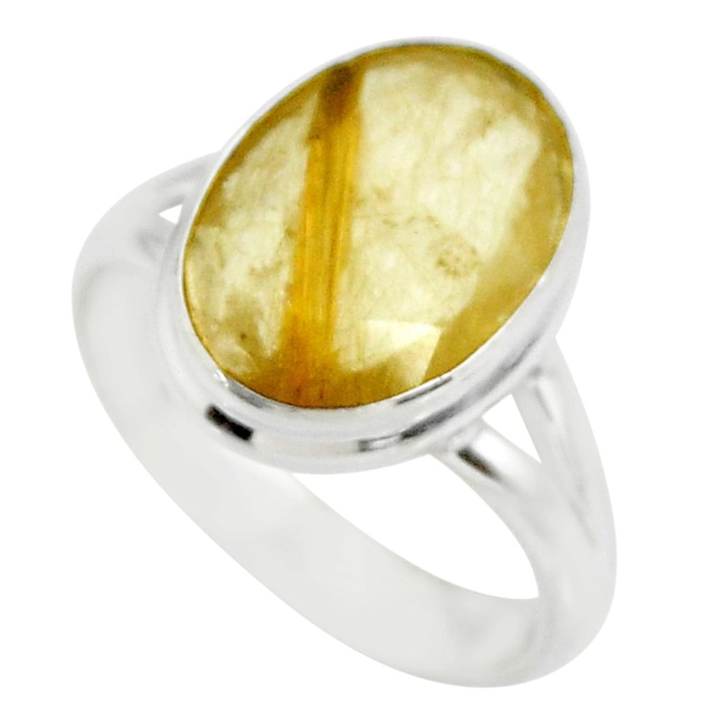 925 sterling silver 6.39cts solitaire faceted golden rutile ring size 7.5 r51304