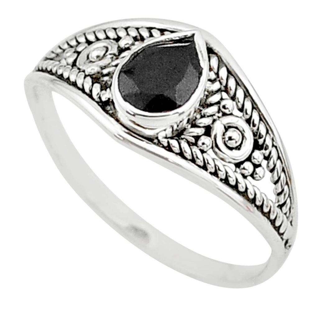 silver 1.58cts natural black onyx pear graduation handmade ring size 7 t9478