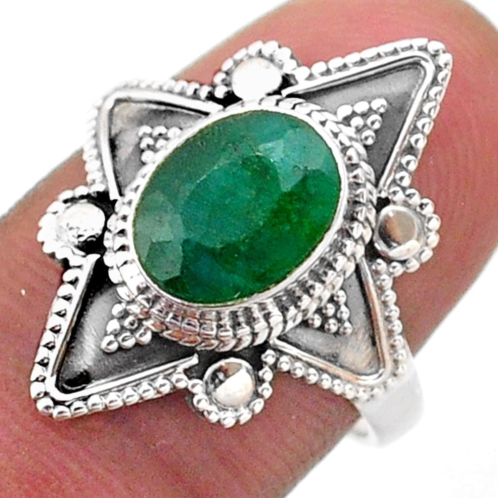 925 sterling silver 3.07cts solitaire natural green emerald ring size 7.5 t46629