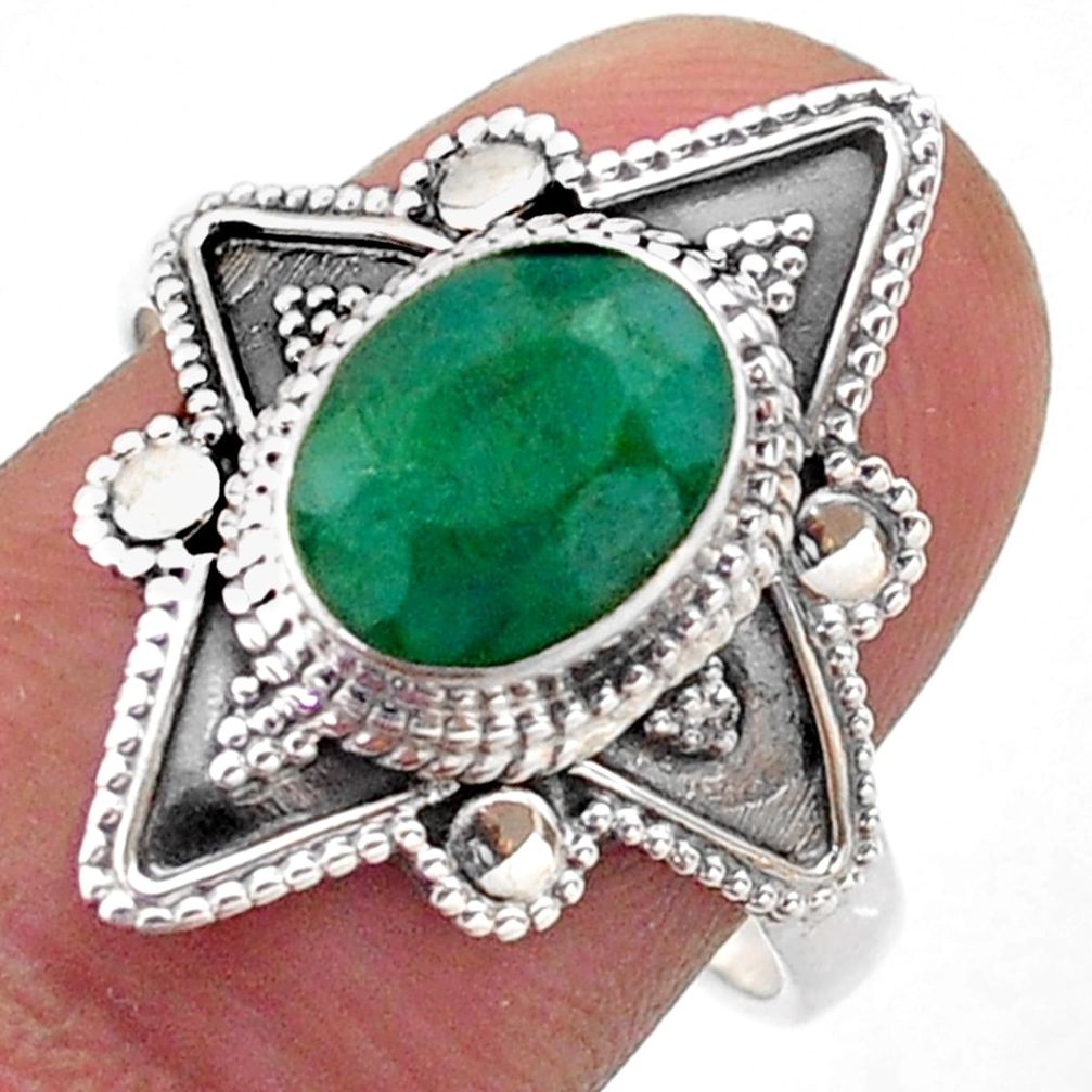 925 sterling silver 3.10cts solitaire natural green emerald ring size 8.5 t46635