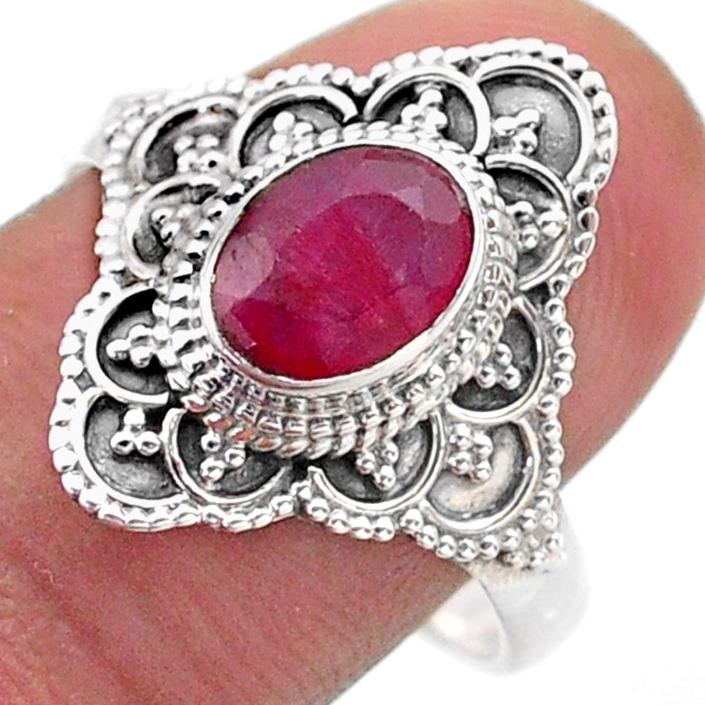 925 sterling silver 2.01cts solitaire natural red ruby oval ring size 9 t46638