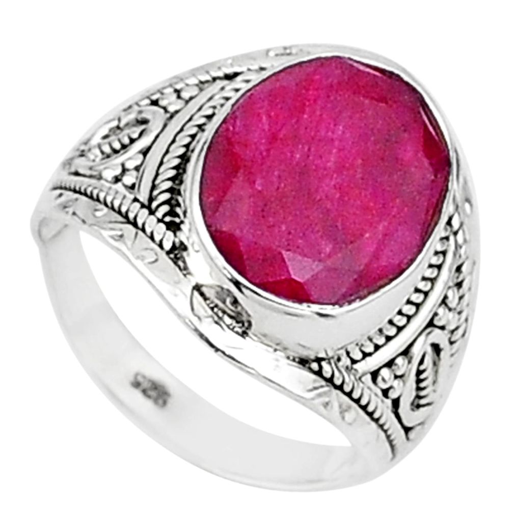 925 sterling silver 5.28cts solitaire natural red ruby oval ring size 7.5 t15465