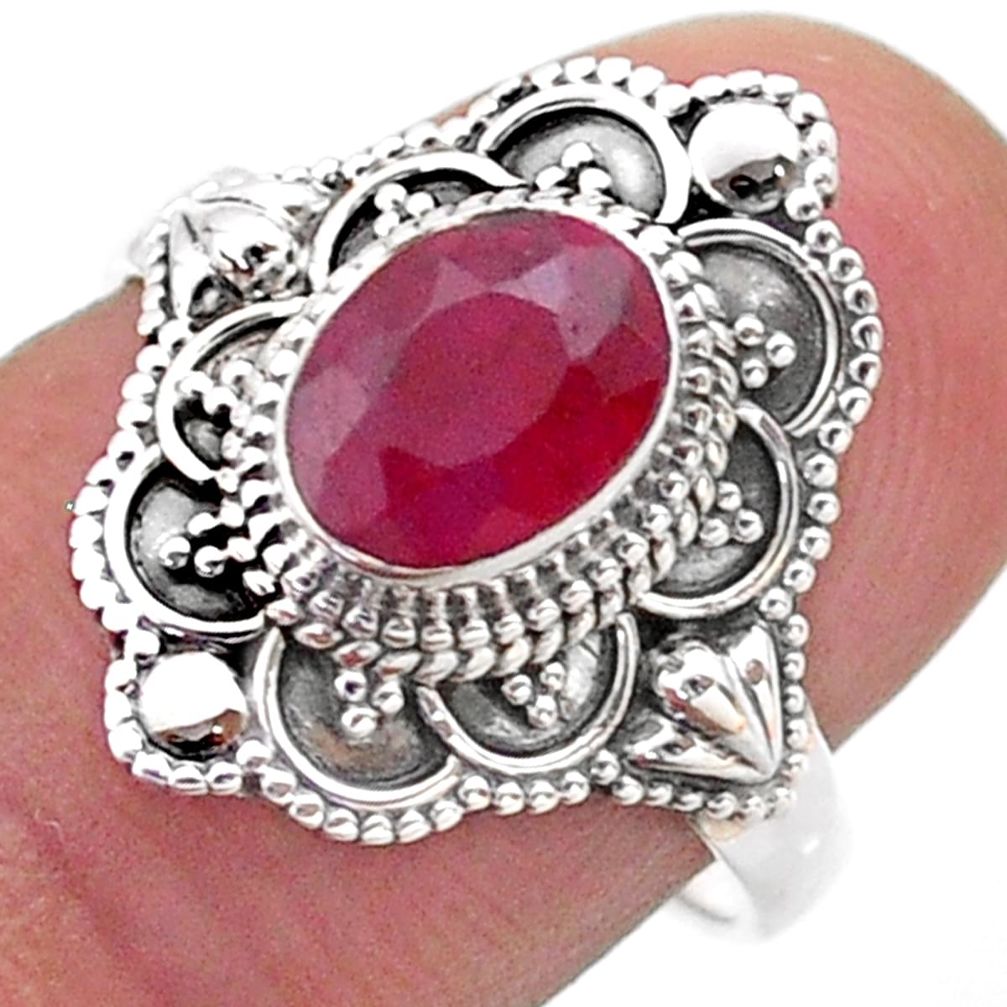 925 sterling silver 1.99cts solitaire natural red ruby oval ring size 7.5 t46659