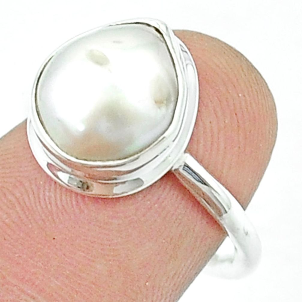 925 sterling silver 4.33cts solitaire natural white pearl ring size 6.5 u36500