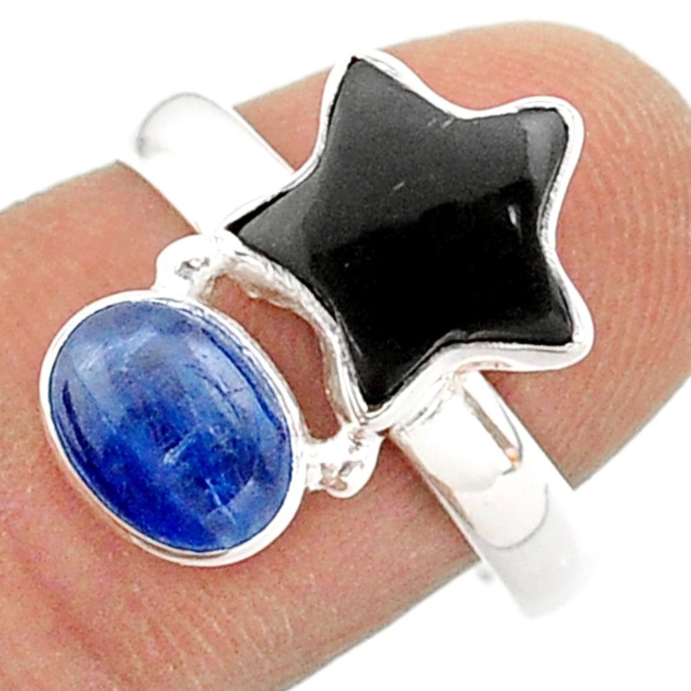 925 sterling silver 7.62cts star natural black onyx kyanite ring size 8.5 t63228