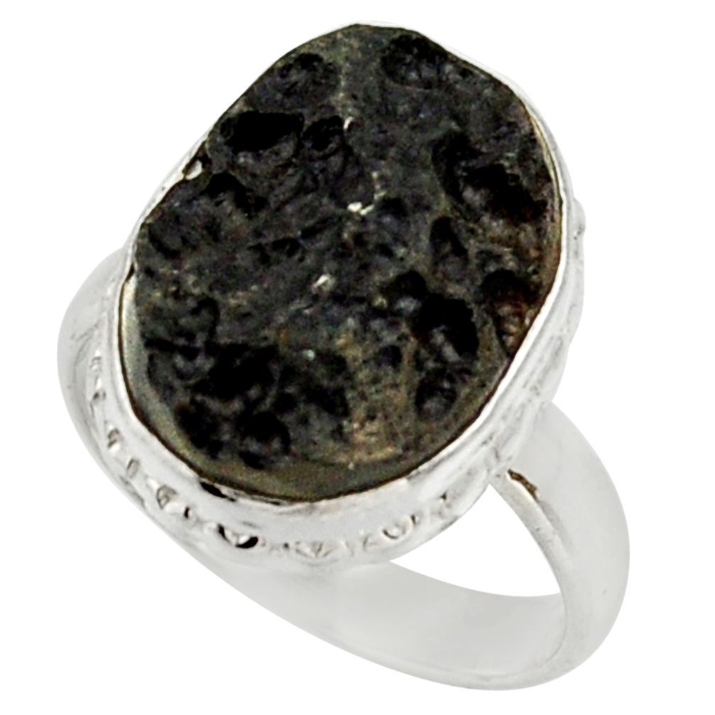 13.13cts natural black tektite 925 silver solitaire ring jewelry size 8 d33073