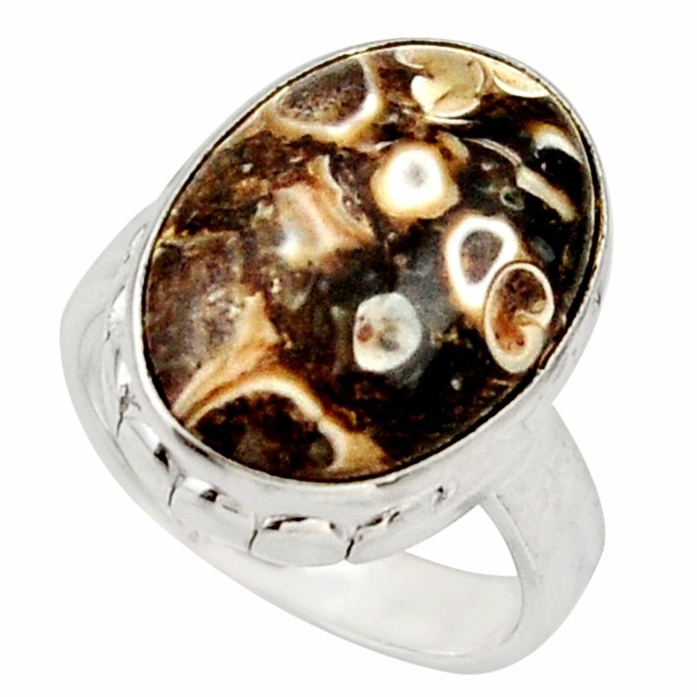 Natural turritella fossil snail agate 925 silver solitaire ring size 7 d33090